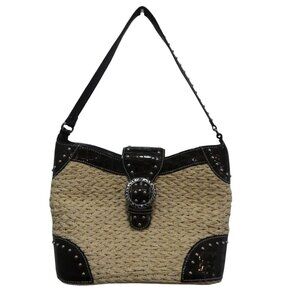 Brighton Retired Woven Straw Rattan Leather Studded Tote Purse Handbag